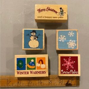 5 Christmas rubber stamps - winter, snowman, snowflake- handmade crafts
